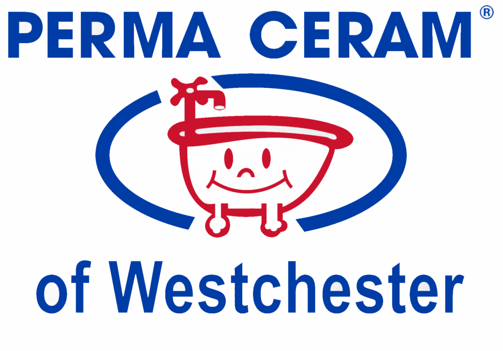 A logo for the bathtub refinishing company Perma Ceram of Westchester, featuring a cartoonish smiling bathtub surrounded on the top and bottom by the companies name